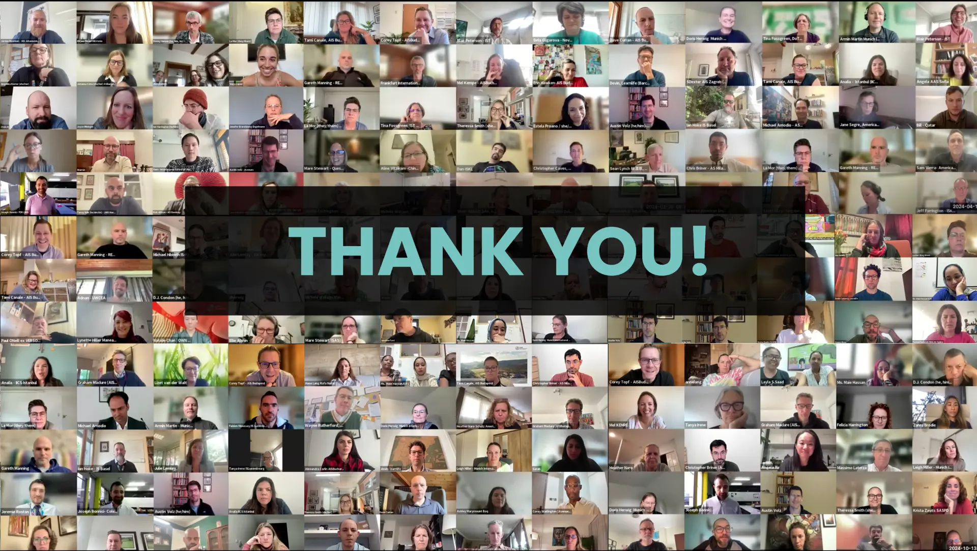 A grid of educators from across GID schools on a video call, with a large teal “THANK YOU!” banner across the center.