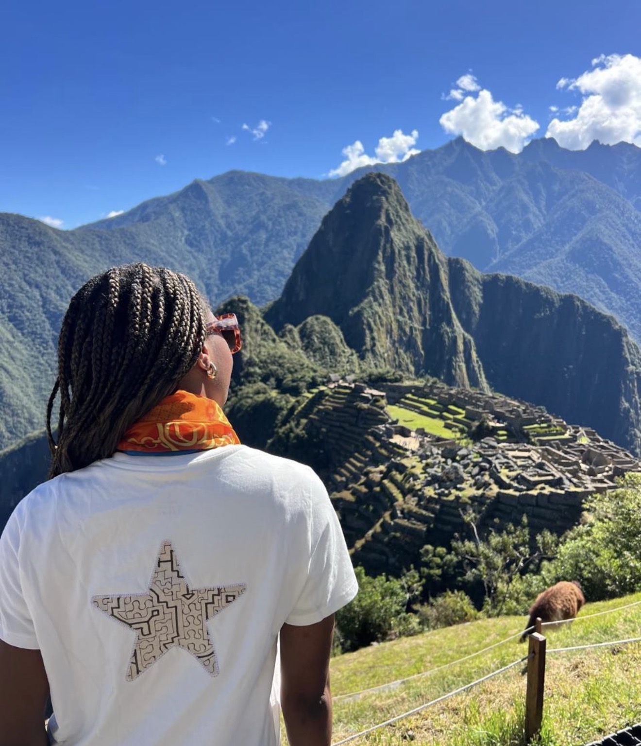 A student seen from behind at Machu Picchu, wearing a shirt appliquéd with a Shipibo-patterned star.