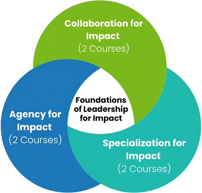 Three overlapping circles labelled Agency for Impact, Collaboration for Impact and Specialization for Impact, each with two courses, meeting at Foundations of Leadership for Impact.