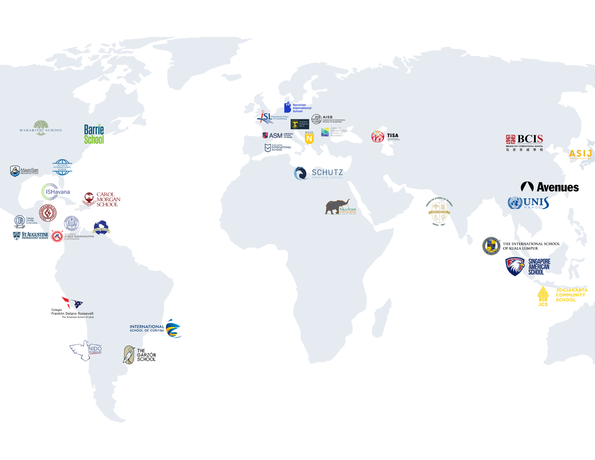 A world map showing the logos of Global Impact Diploma schools across the Americas, Europe, Africa and Asia.